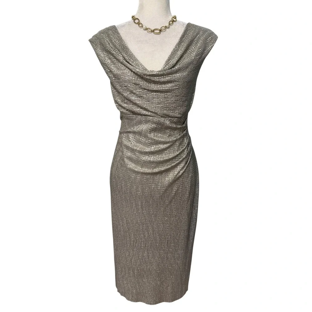 Womens‎ 10 Ruched Dress Silver Sheath Metallic Cowl Neck Cocktail Wedding Guest